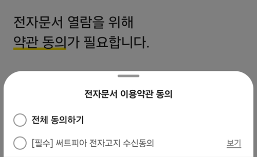 전자문서 이용약관 동의 화면